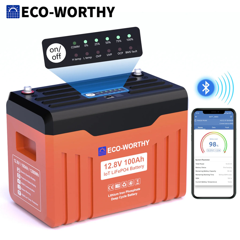 ECO-WORTHY 12V 100Ah LiFePO4 Lithium Leisure Battery, 1280Wh with Bluetooth & Low Temp Protection, Group 24 for Motorhome