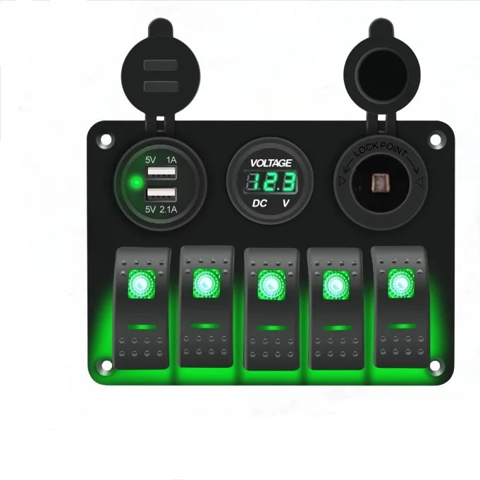 5 Gang Combination Dual USB Socket Waterproof 12/24V LED Rocker Switch Panel with Digital Voltage Display On-Off Includes Fuse