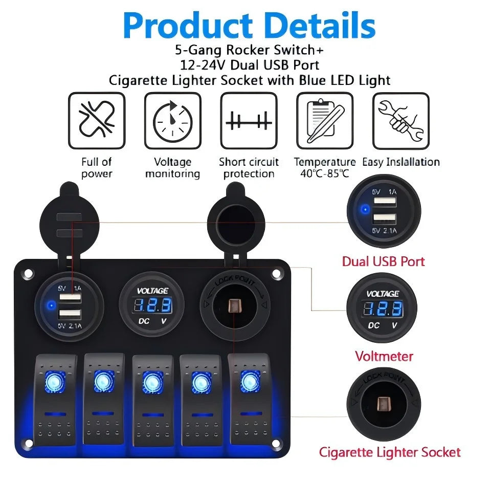 5 Gang Combination Dual USB Socket Waterproof 12/24V LED Rocker Switch Panel with Digital Voltage Display On-Off Includes Fuse