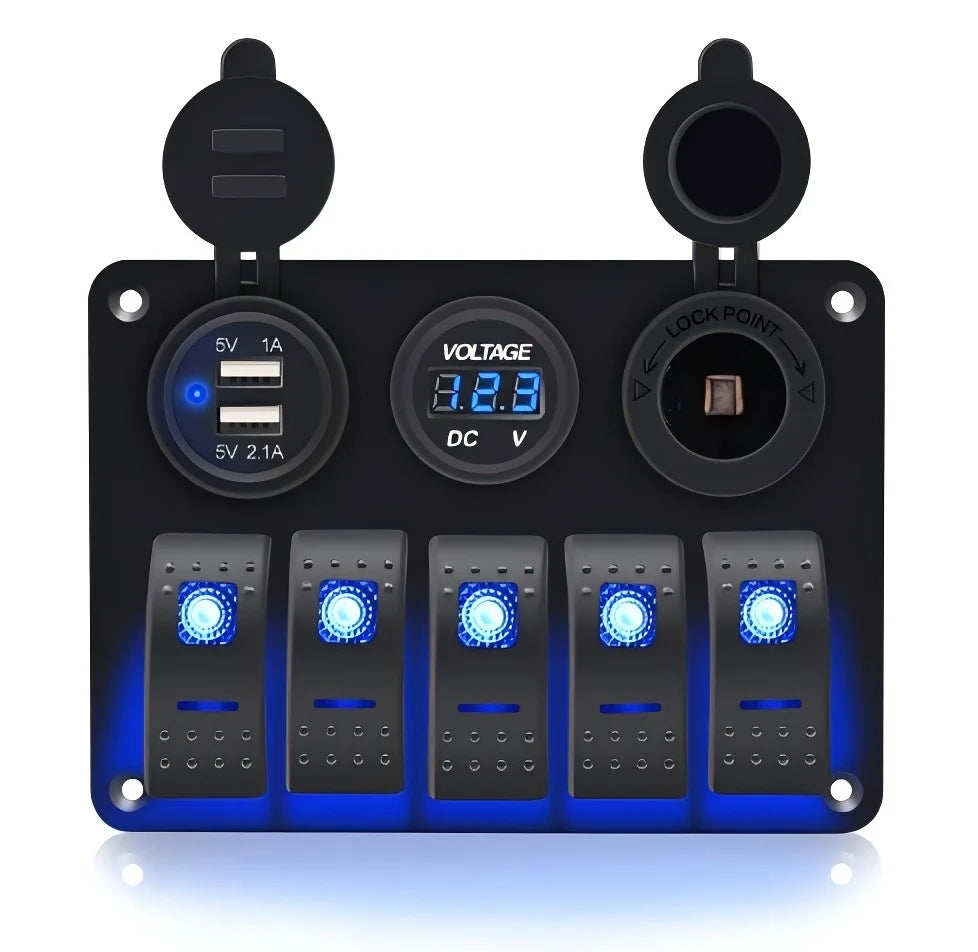 5 Gang Combination Dual USB Socket Waterproof 12/24V LED Rocker Switch Panel with Digital Voltage Display On-Off Includes Fuse