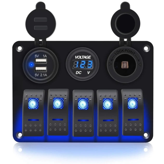 5 Gang Combination Dual USB Socket Waterproof 12/24V LED Rocker Switch Panel with Digital Voltage Display On-Off Includes Fuse
