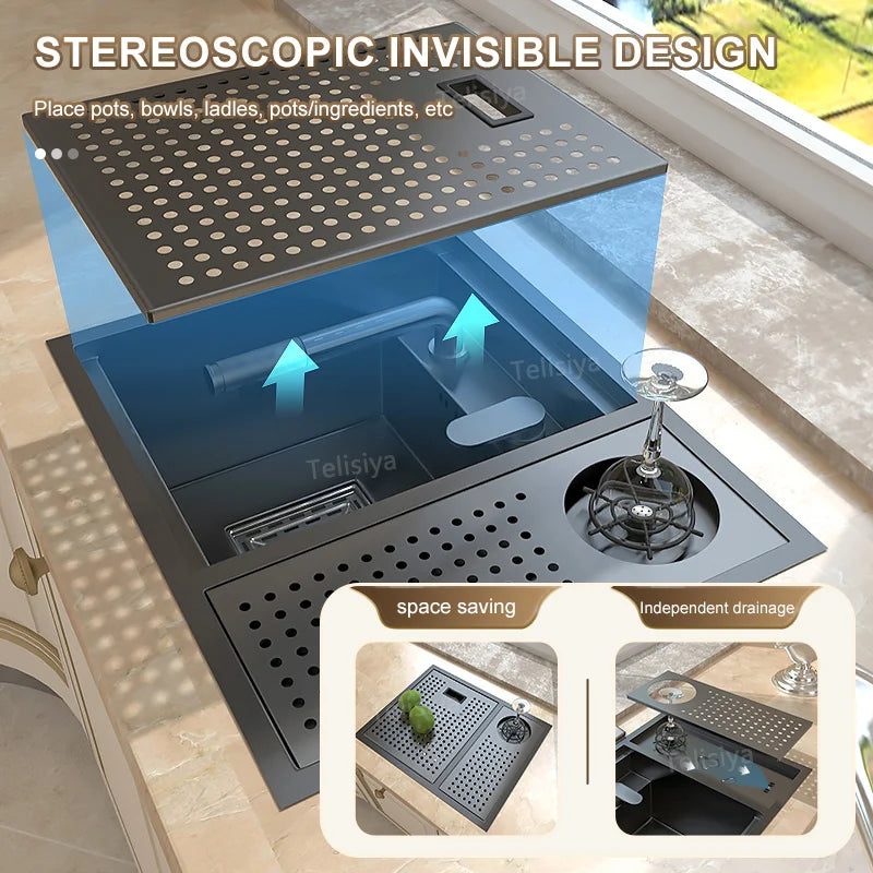 Stainless Steel Kitchen Sink With  Hidden Cup Washer