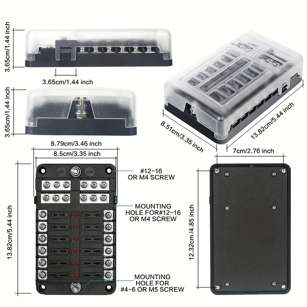 12V fuse box with LED warning light, suitable for cars, boats, RVs, trucks, DC 12-24V, with 5A, 10A, 15A, 20A fuses