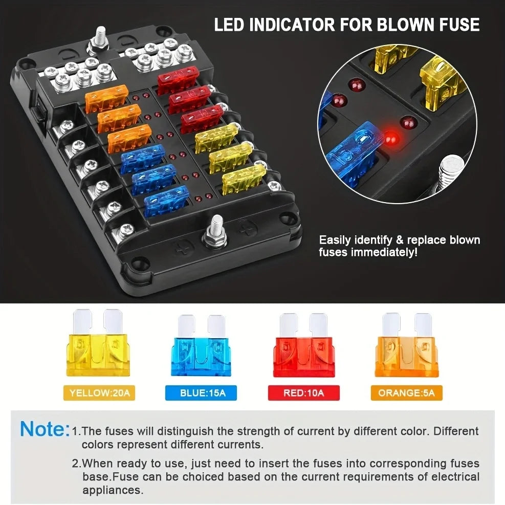 12V fuse box with LED warning light, suitable for cars, boats, RVs, trucks, DC 12-24V, with 5A, 10A, 15A, 20A fuses
