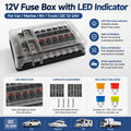 12V fuse box with LED warning light, suitable for cars, boats, RVs, trucks, DC 12-24V, with 5A, 10A, 15A, 20A fuses