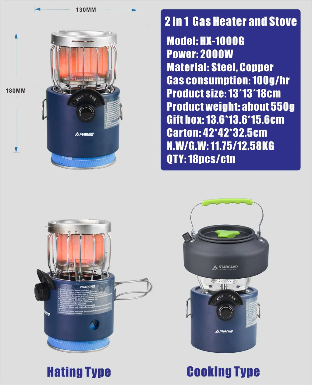 STARCAMP 2000W Outdoor Camping & Fishing Mini Gas 2 IN 1 Heater & Stove